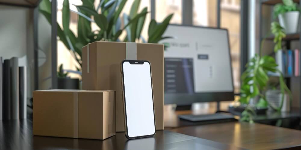 Smartfon przy kartonowych pudełkach do przesyłki