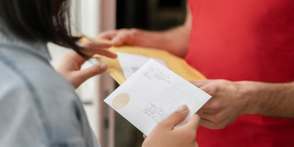 Kobieta spotykająca kuriera w sprawie listu poleconego