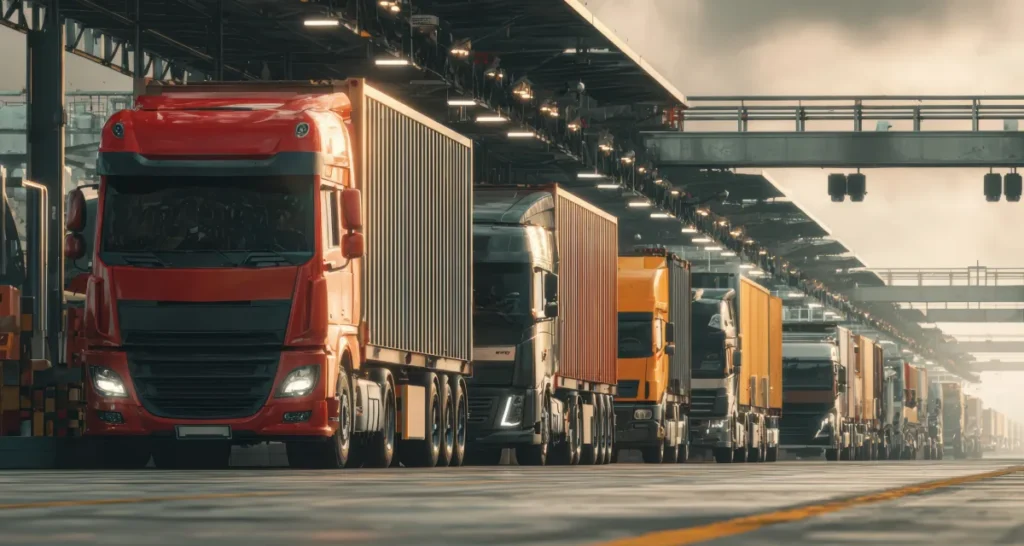 Rząd ciężarówek przy rampie załadunkowej w centrum logistycznym