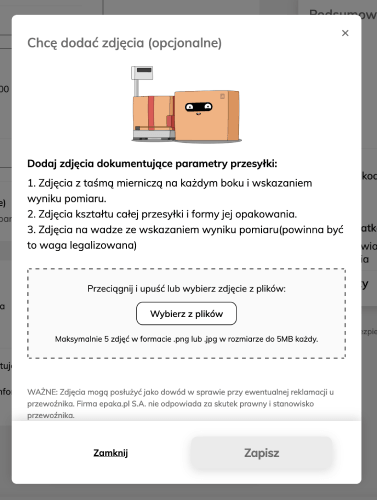 opcja dodania zdjęcia parametrów przesyłki