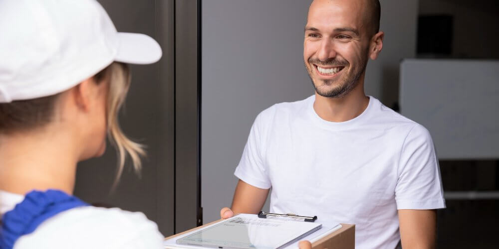 Mężczyzna otrzymujący przesyłkę od kuriera