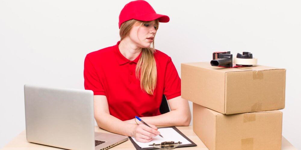 Pani kurier patrząca na paczkę