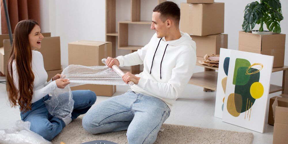 Para przygotowująca się do pakowania obrazu